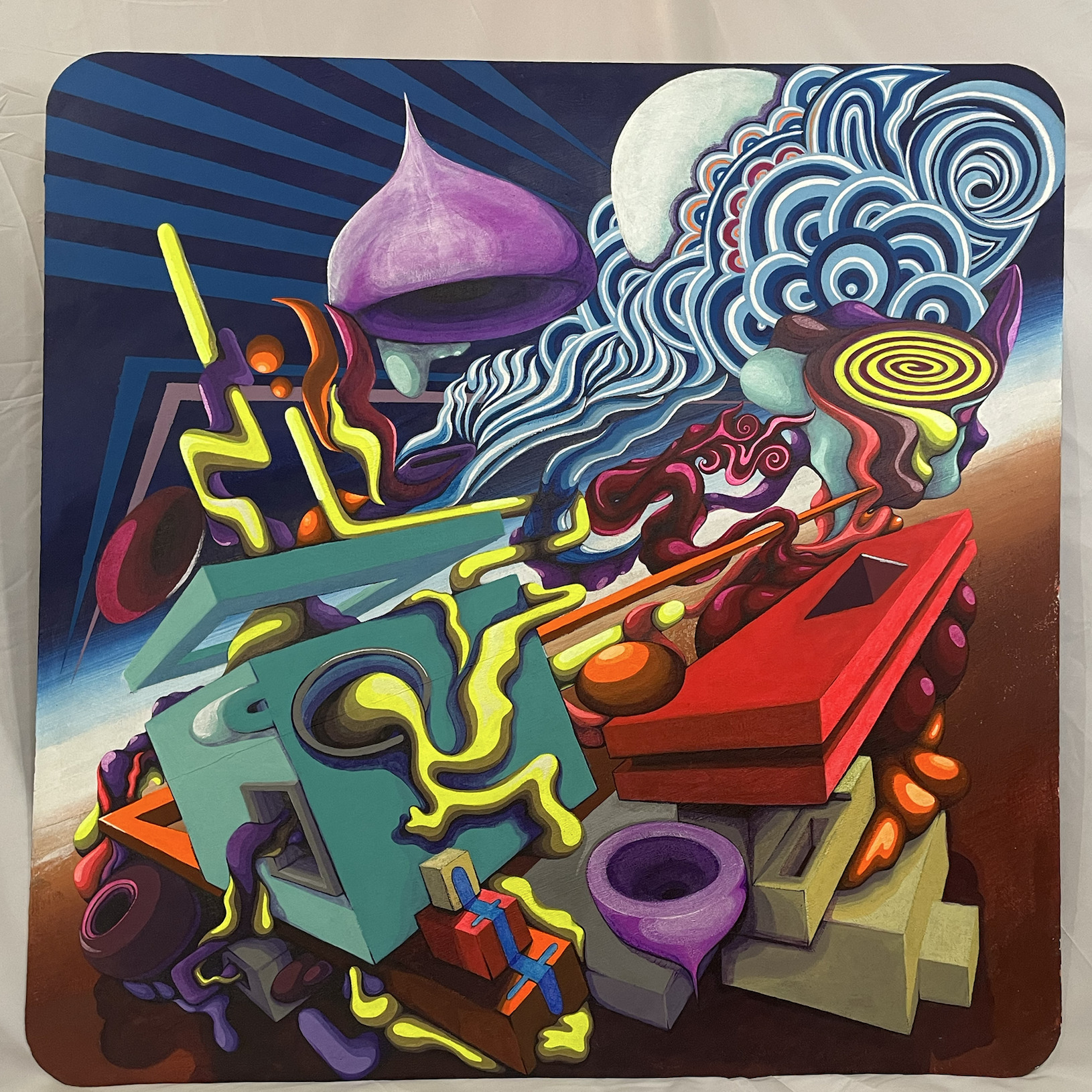 Cognitive Combustion Catalysis, a 36 by 36 inch UV-active acrylic painting on a gessoed sheet-metal street sign.