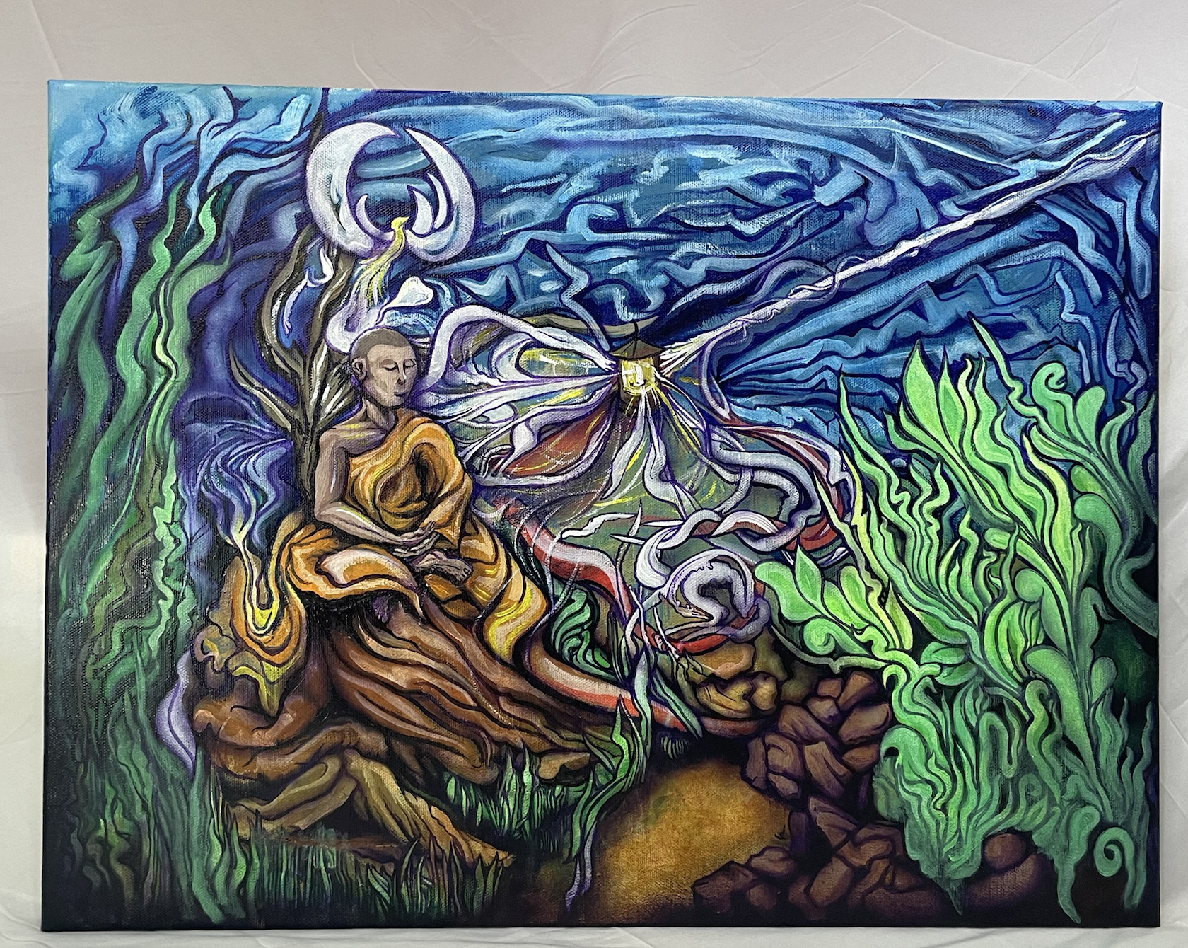 Holding the Light, Sending the Signal, an ongoing 18 by 24 inch UV-reactive acrylic painting on canvas.