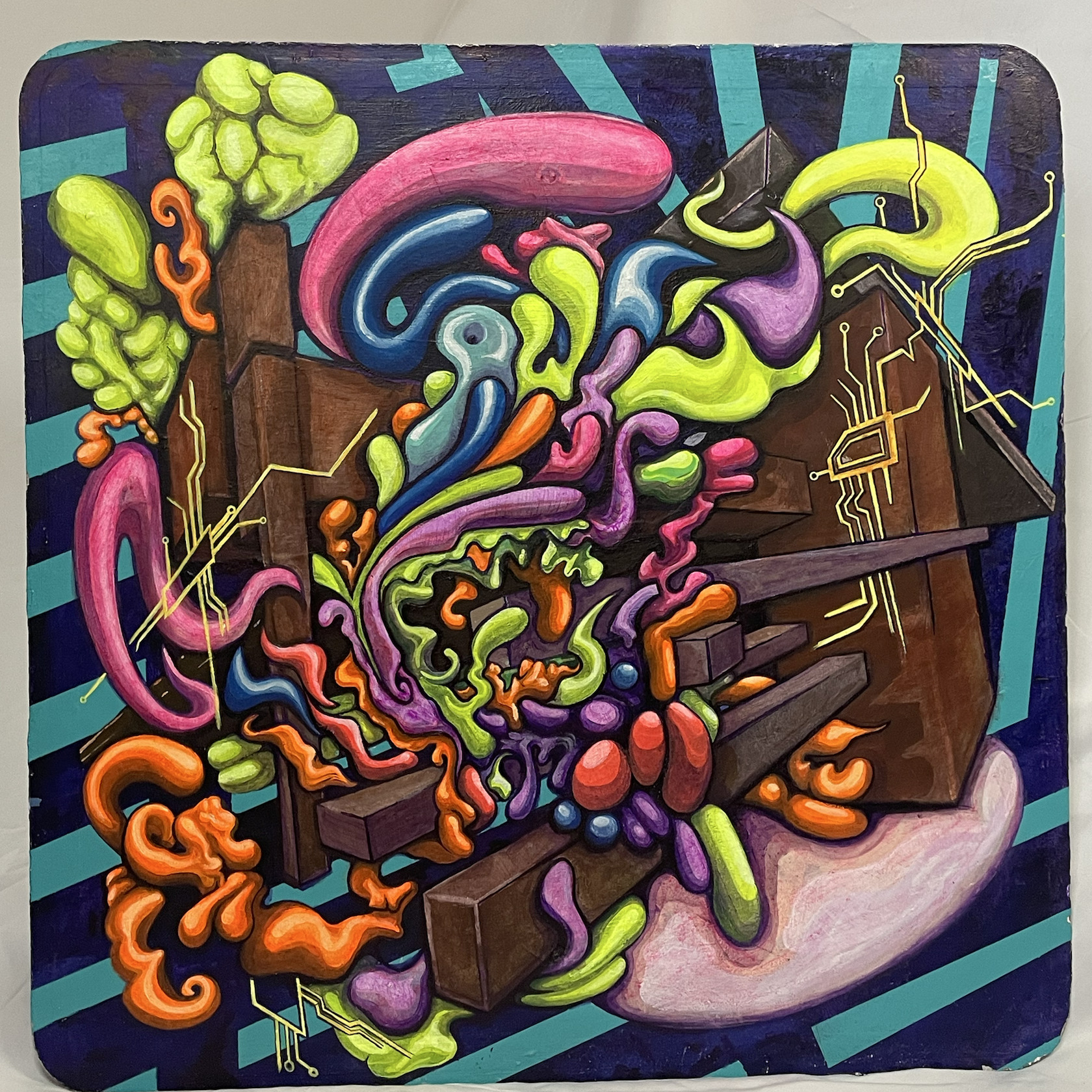 Round-about-way, a 24 by 24 inch UV-reactive acrylic painting on a gessoed street sign or sheet-metal panel.