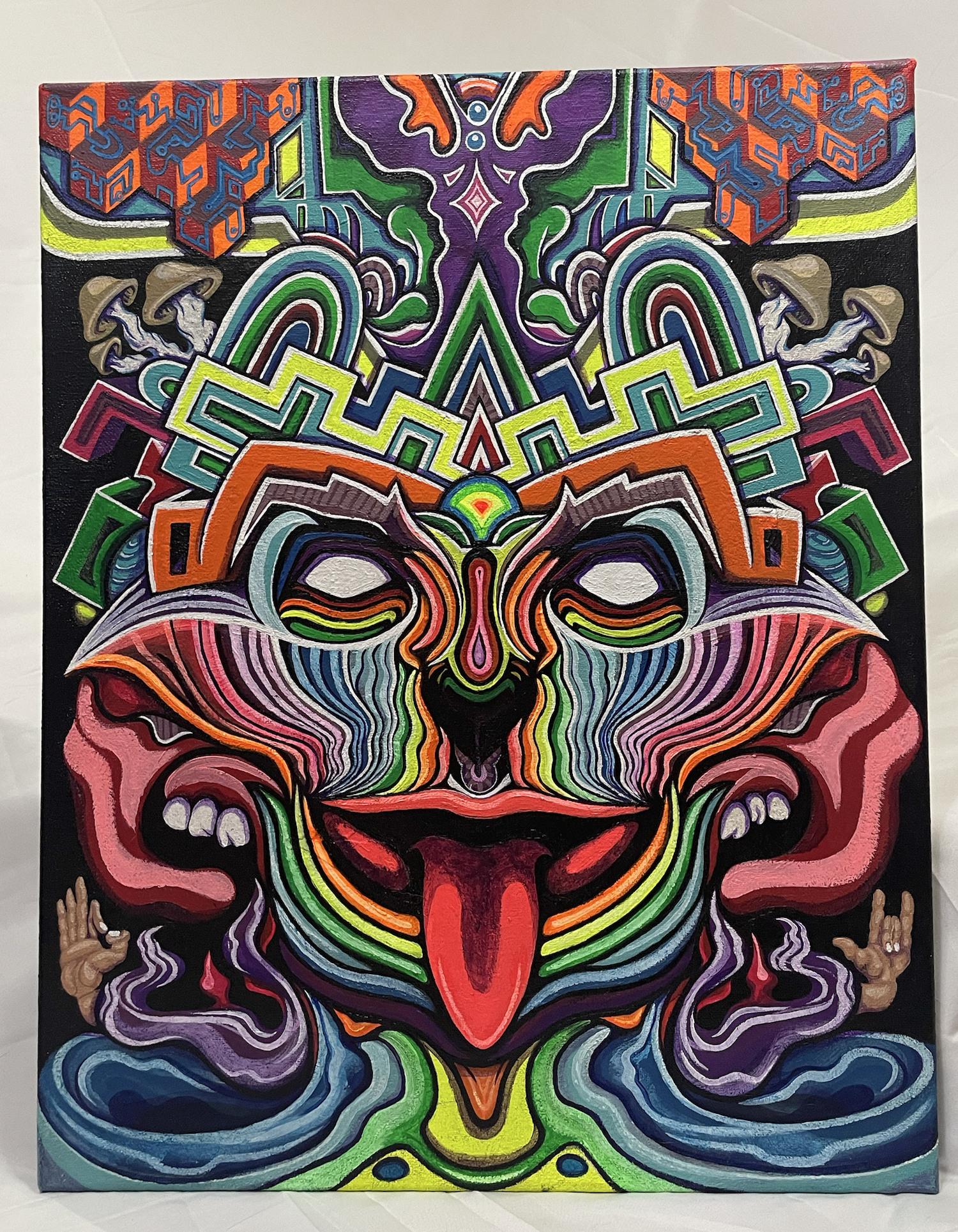 Xochipilli, an ongoing 20 by 16 inch UV-active acrylic painting on canvas.